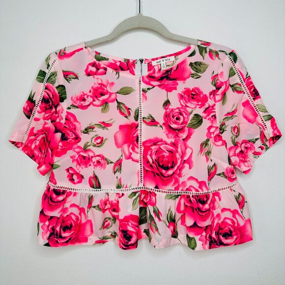 May & July Hot Pink and Green Floral Rose Short Sleeve Peplum Crop Blouse S - Picture 11 of 11